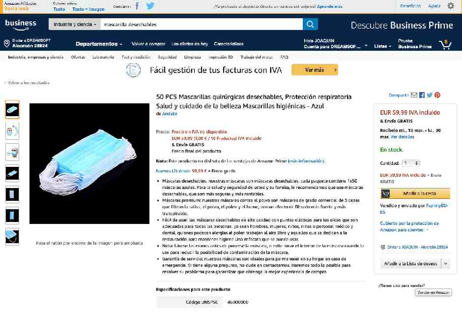 Venta de mascarillas en Amazon