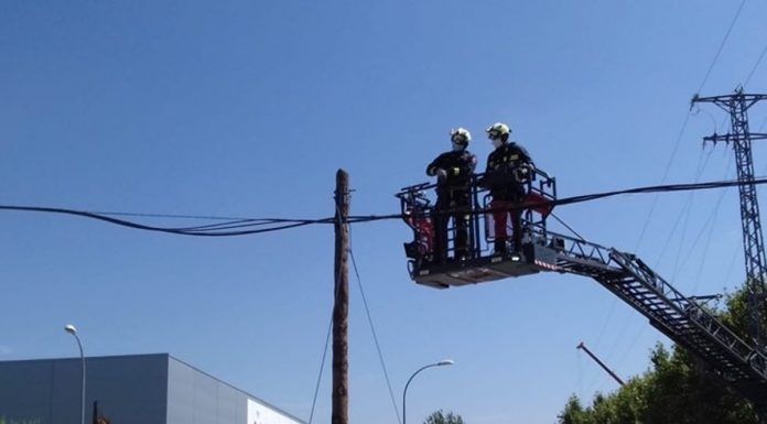 Una grúa derriba varios postes eléctricos en Alcorcón