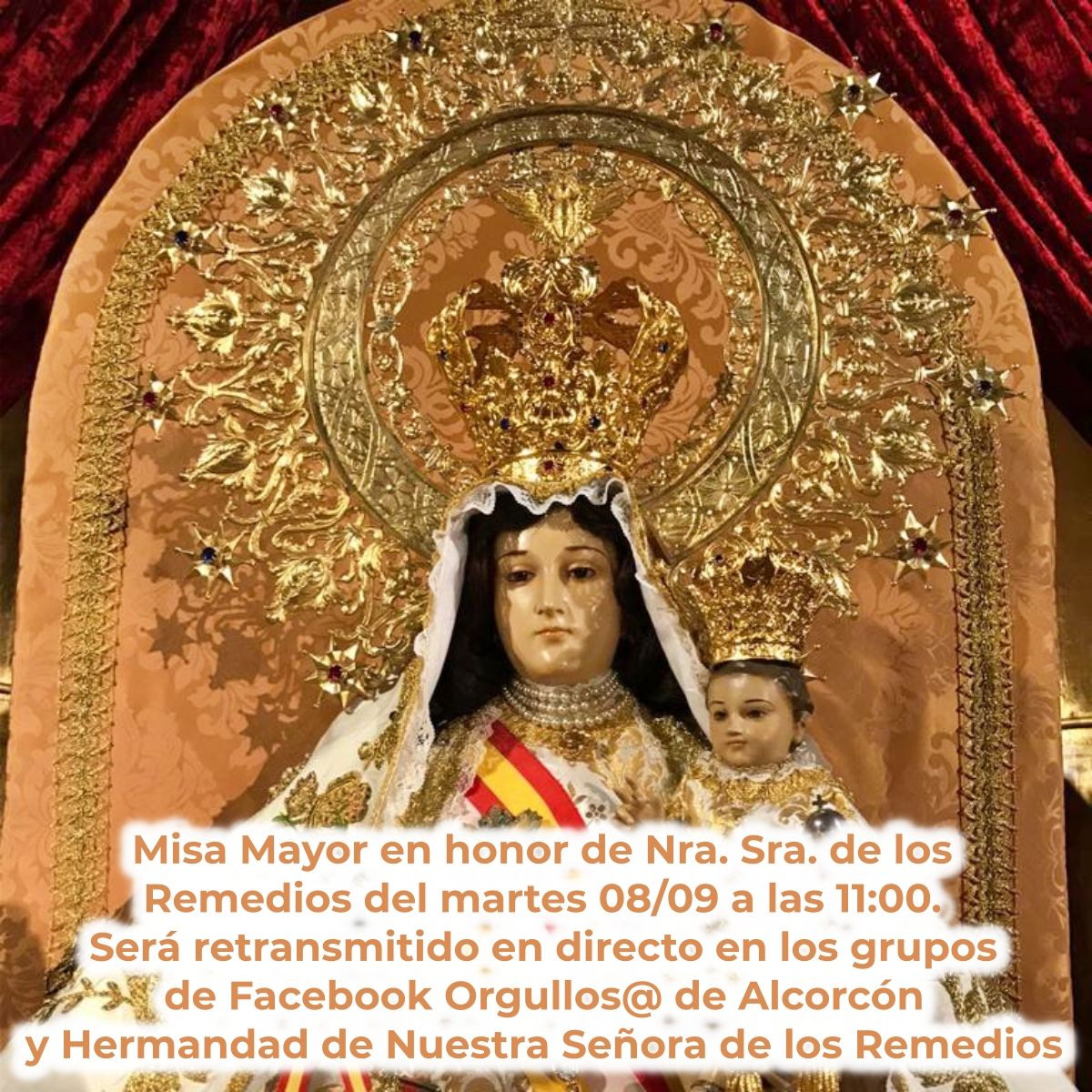 La Misa Mayor de la Virgen de Los Remedios se retransmitirá en directo en el grupo de Facebook Orgullos@ de Alcorcón