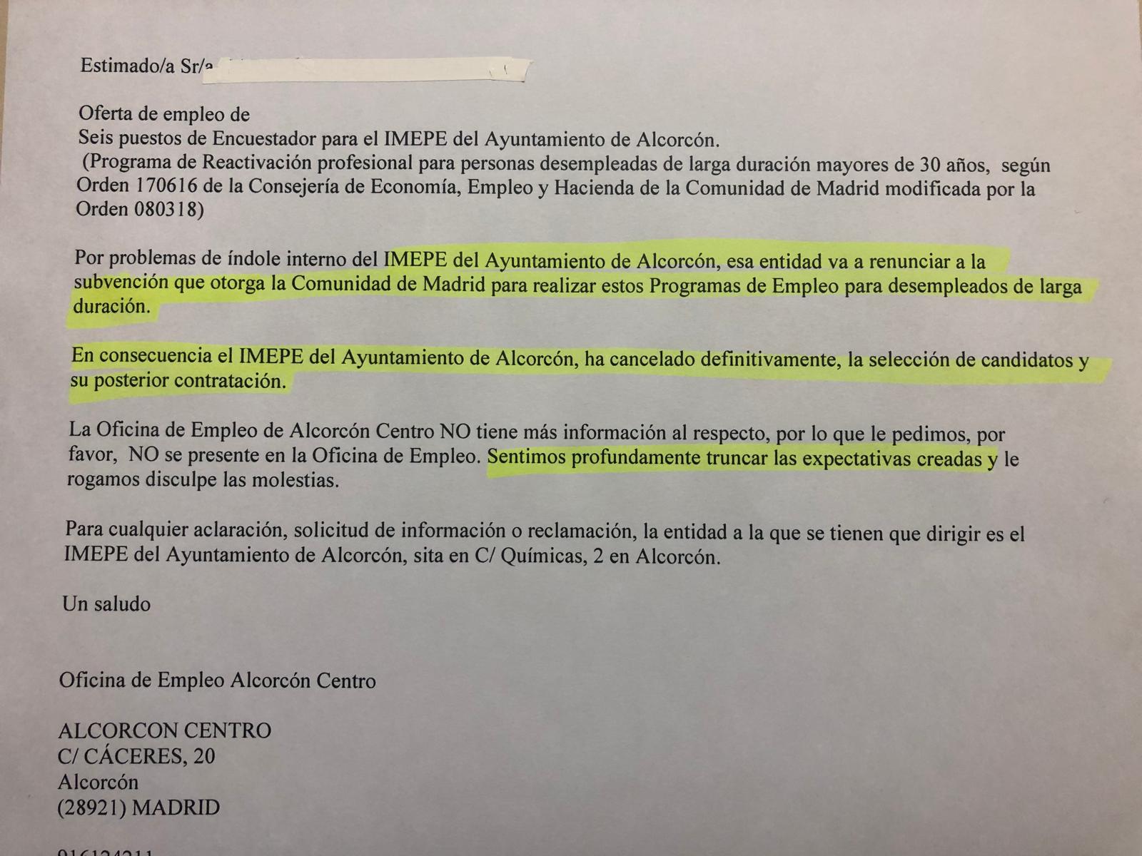 Vox Alcorcón solicita la dimisión de la Concejala de Empleo de Alcorcón.