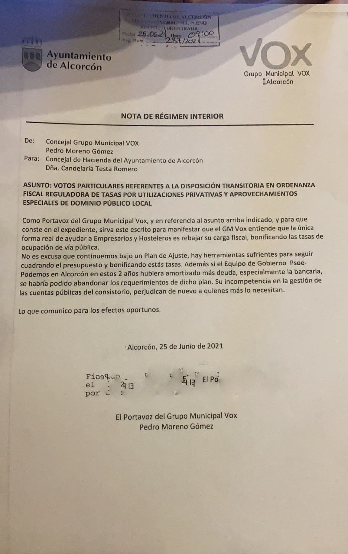 Vox Alcorcón considera que la modificación de la tasa de terrazas llega con retraso