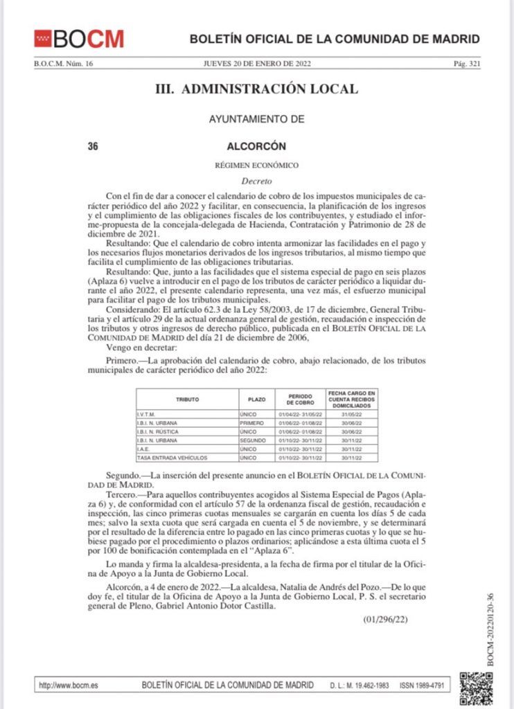 Así es el Calendario Fiscal de Alcorcón para 2022