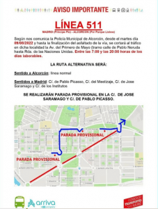 La línea 511 de Alcorcón cambia de ruta durante el asfaltado de la Avenida del Primero de Mayo
