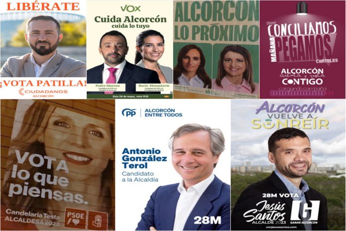 Pegada de carteles para iniciar la campaña electoral en Alcorcón