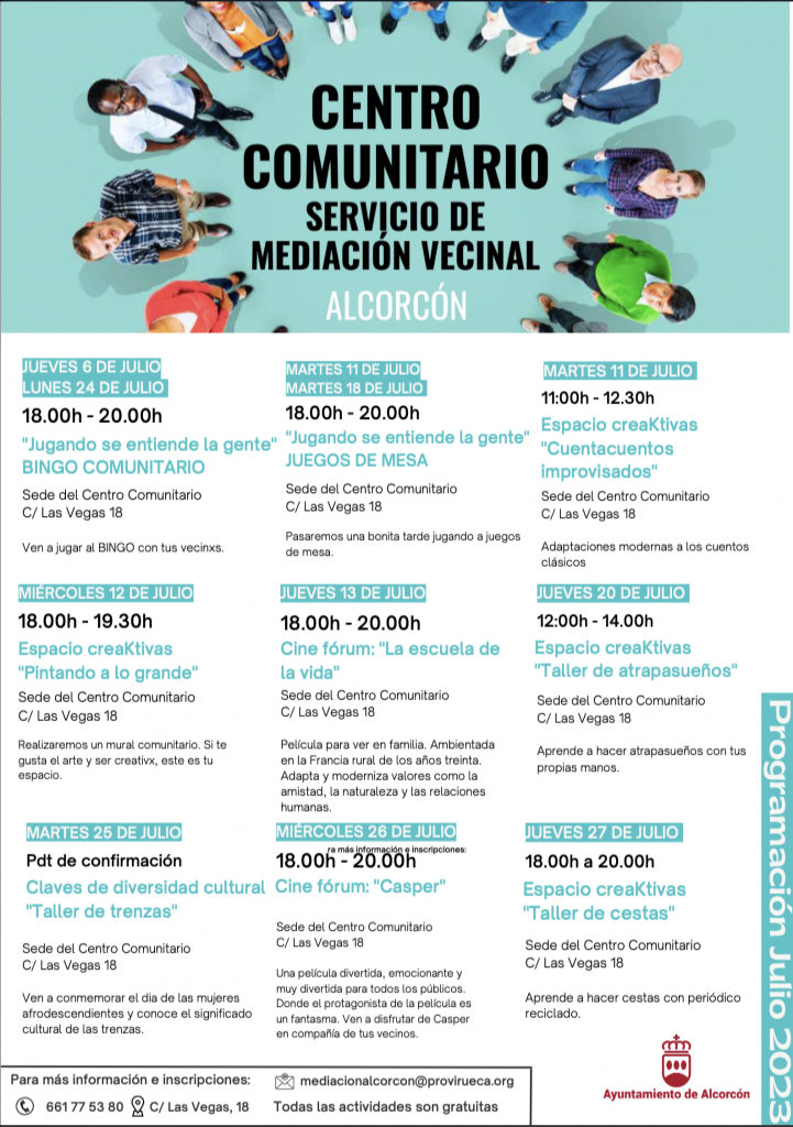 La programación de actividades del Centro Comunitario y Mediación Vecinal de Alcorcón