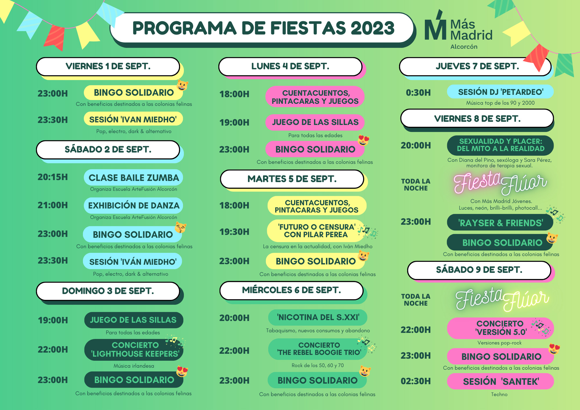 Actividades preparadas en la caseta de Más Madrid de las Fiestas de Alcorcón 2023