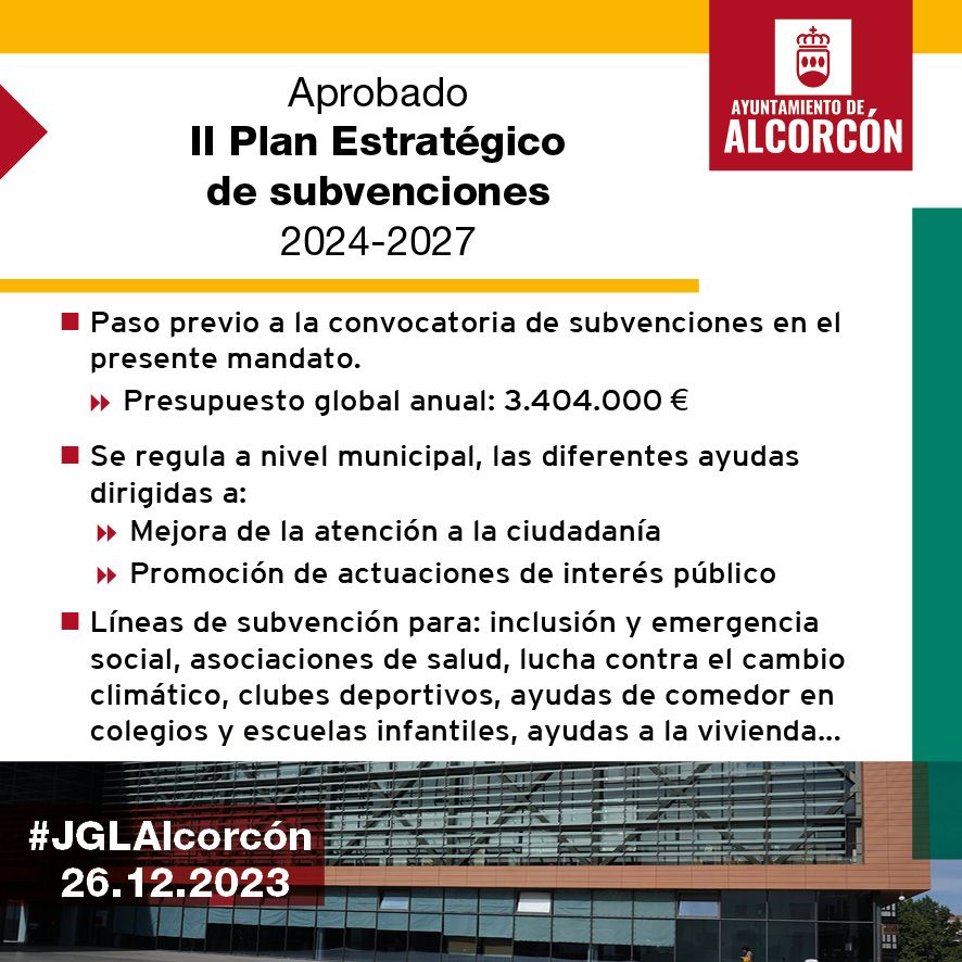 Aprobado el nuevo Plan Estratégico de subvenciones en Alcorcón