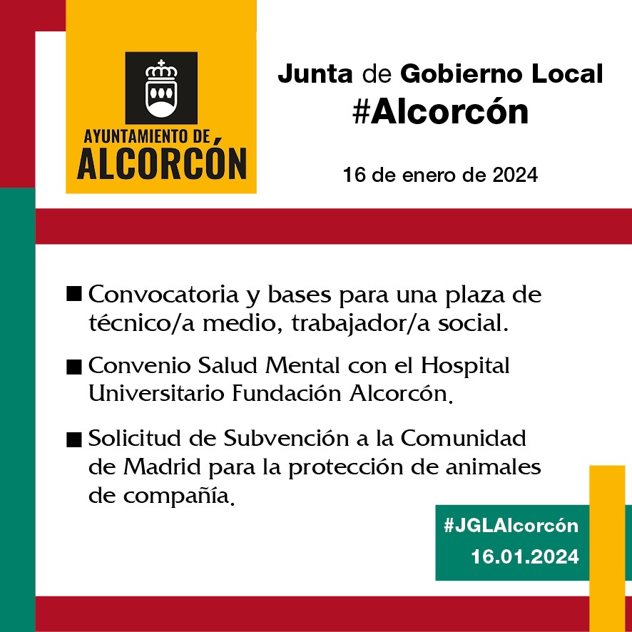 Anunciados próximos acuerdos de la Junta de Gobierno de Alcorcón