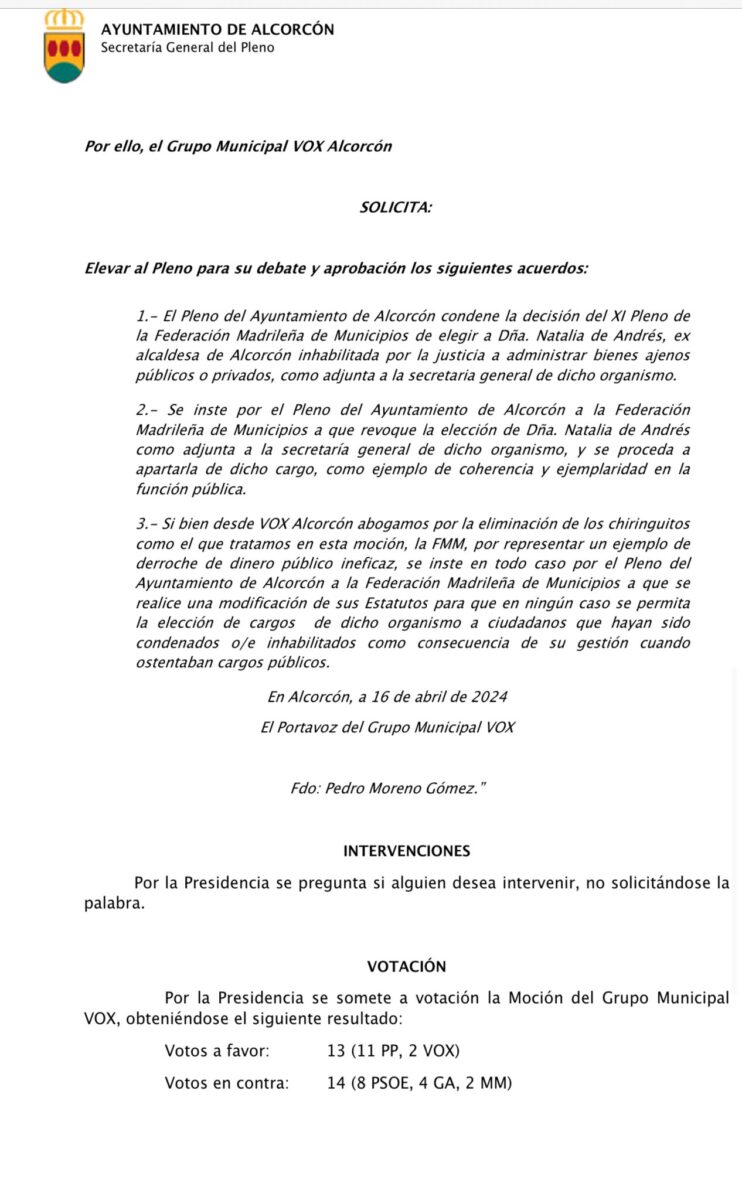 El Partido Popular ya ha respondido. Polémica en Alcorcón con la moción de Vox sobre la exalcaldesa Natalia de Andrés