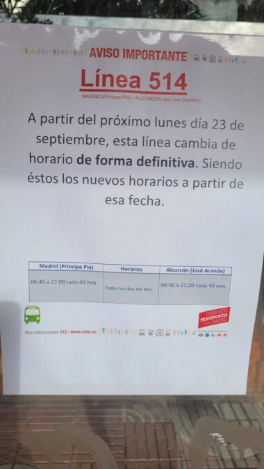 La Línea 514 de autobús de Alcorcón baja su frecuencia de forma definitiva