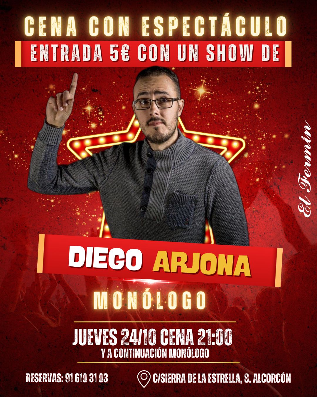 El cómico Diego Arjona llega a Alcorcón en una cena con espectáculo en El Fermín