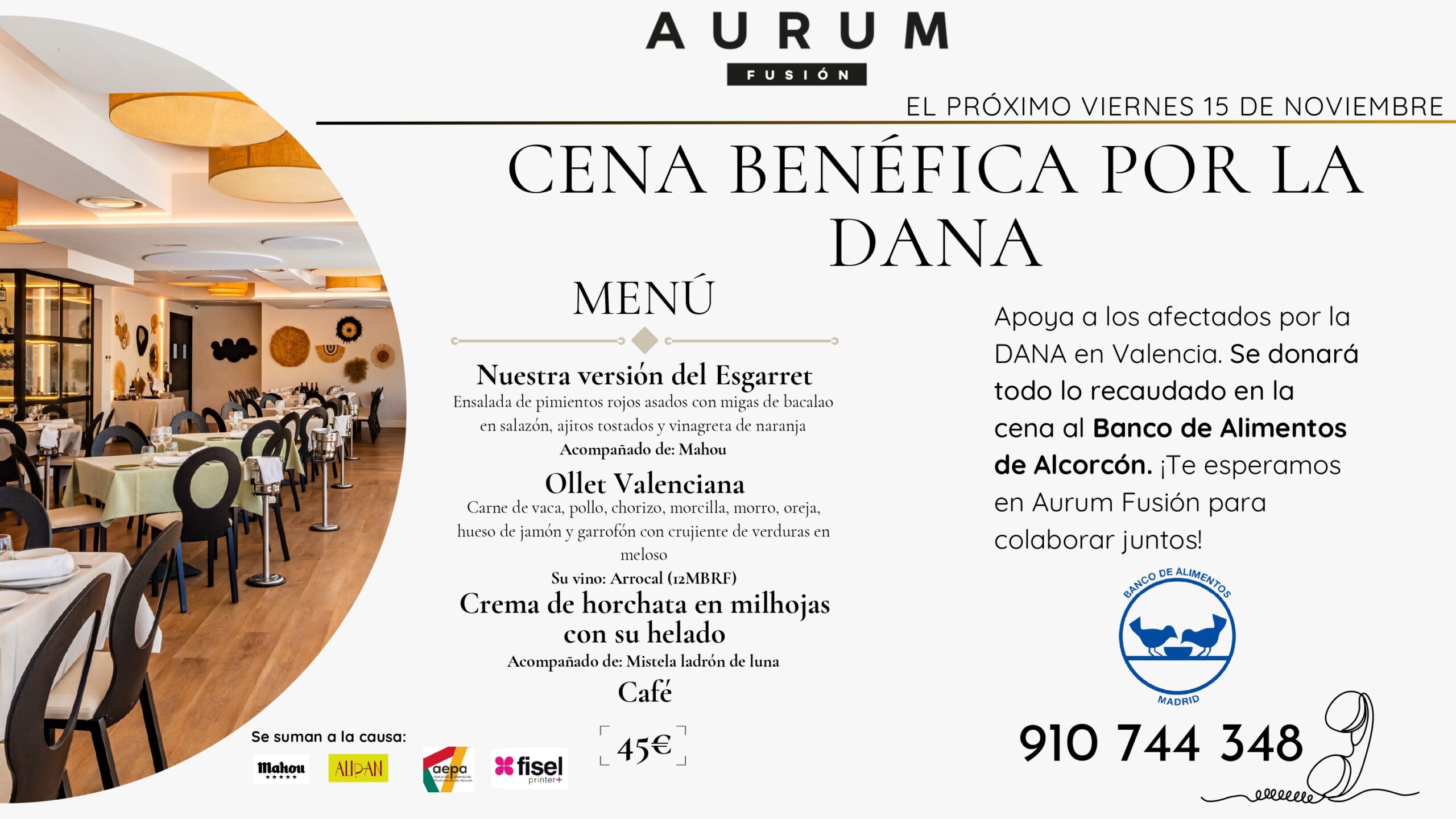 Aurum Fusión prepara una cena benéfica por la DANA en Alcorcón