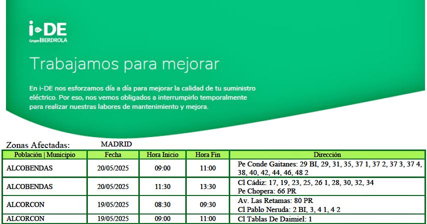 Zonas afectadas cortes de luz Alcorcón