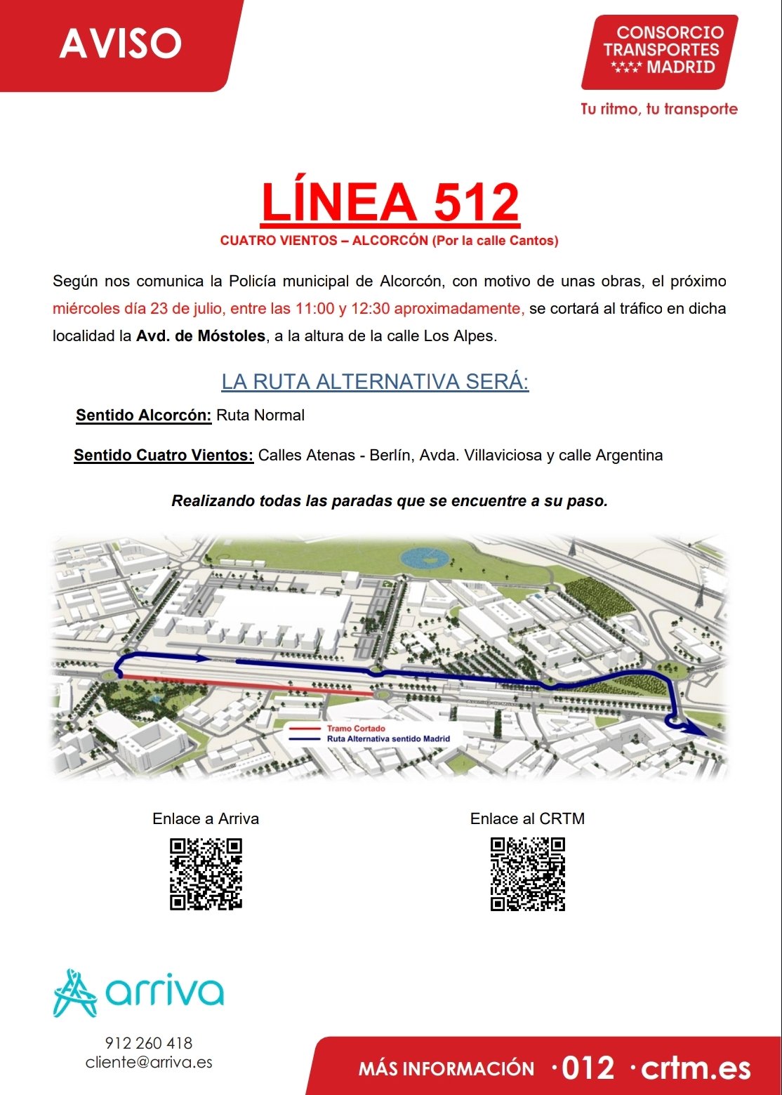 Modificación de ruta en la Línea 512 de Alcorcón por un corte de calle