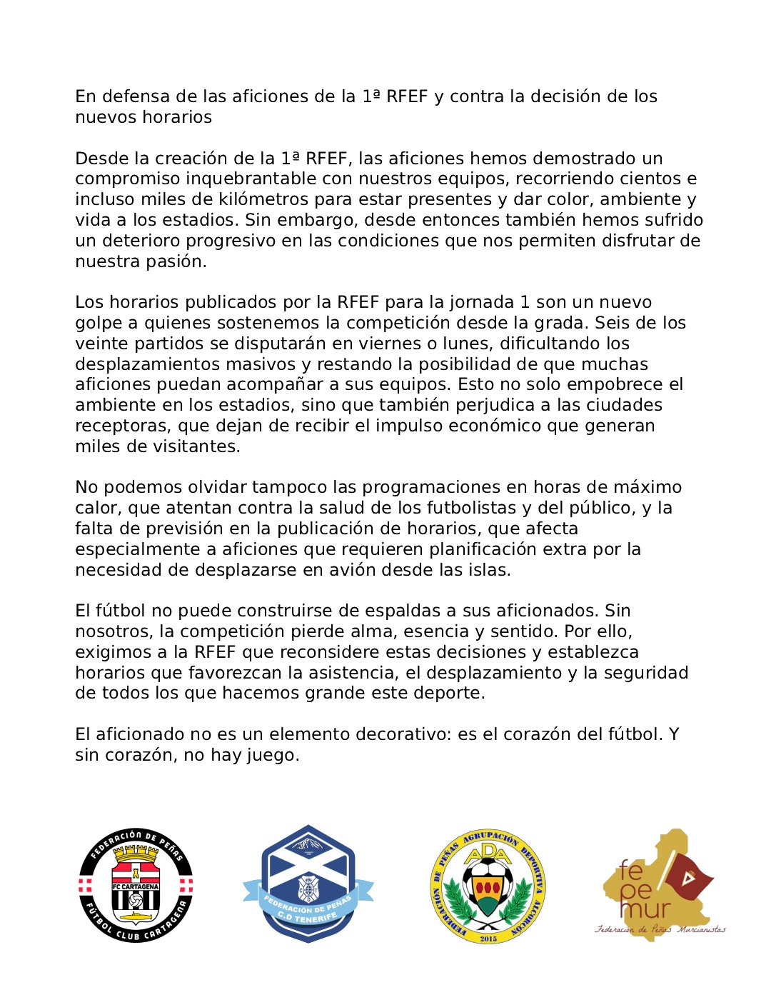 Carta abierta de la afición del Alcorcón a la RFEF por los horarios