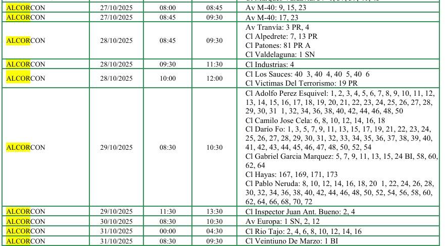 Consulta los horarios y las zonas afectadas. ¿Cortes de luz en tu calle? Consulta las zonas y horarios afectados en Alcorcón la próxima semana
