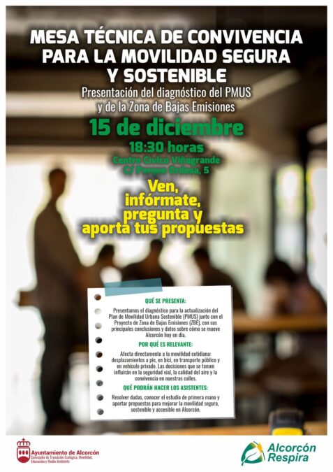 Convocada una mesa técnica y abierta sobre el Plan de Movilidad Urbana Sostenible y la Zona de Bajas Emisiones en Alcorcón