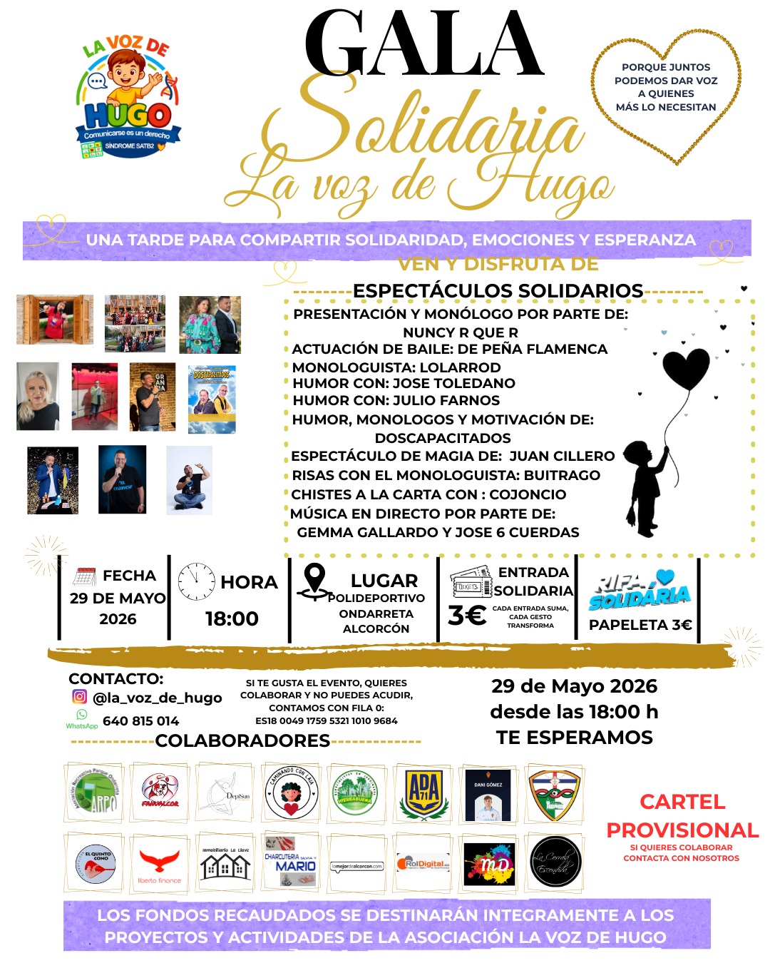 Alcorcón se vuelca con Hugo en una gala solidaria llena de actuaciones y monólogos