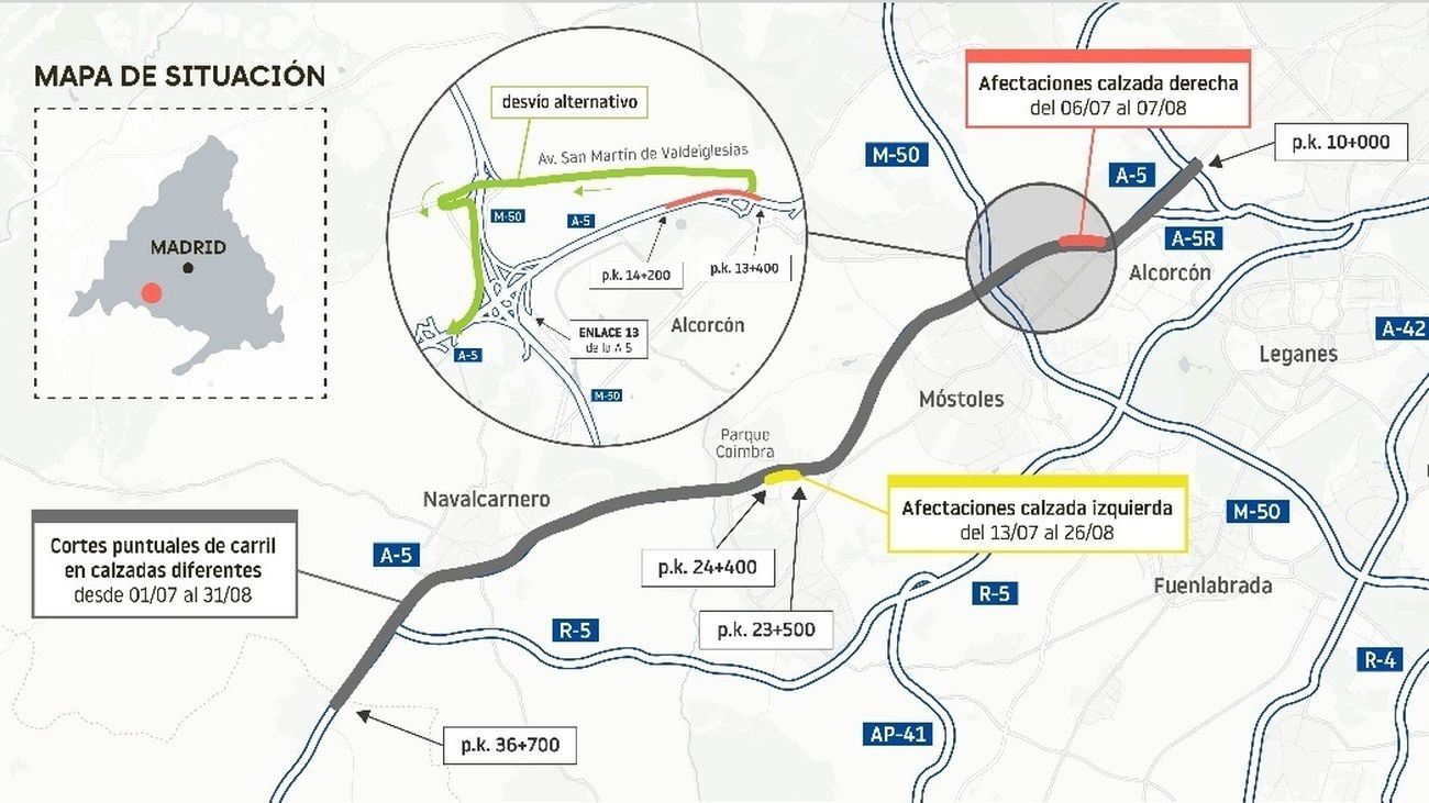 Las obras de la A-5 provocarán cortes de tráfico en Alcorcón durante julio y agosto