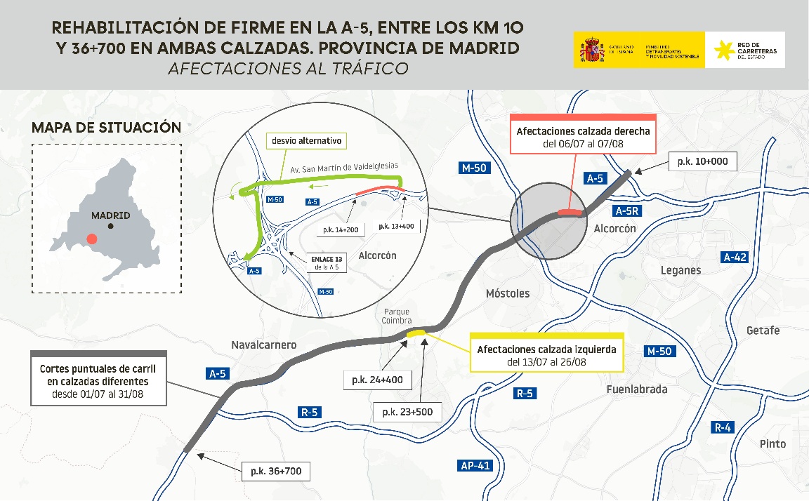 Comienzan las obras en la A-5 en Alcorcón: cortes y desvíos hasta agosto