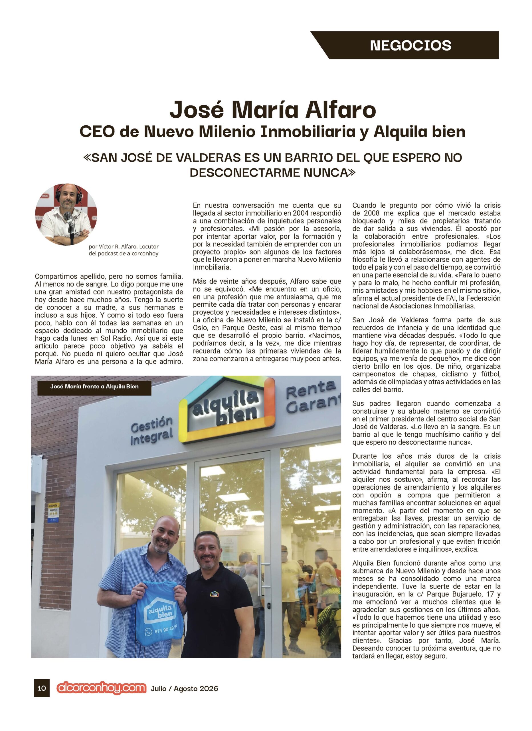 José María Alfaro, CEO de Nuevo Milenio Inmobiliaria y Alquila bien: «San José de Valderas es un barrio del que espero no desconectarme nunca»