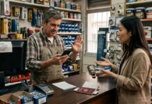Comerciante atendiendo a un cliente extranjero en el mostrador de su tienda