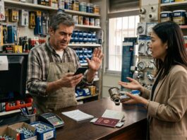 Cuando tu cliente no habla español: el inglés que necesita de verdad un negocio de barrio Comerciante atendiendo a un cliente extranjero en el mostrador de su tienda