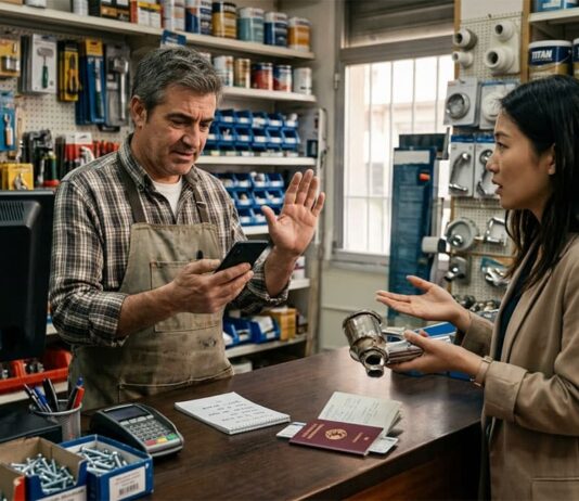 Cuando tu cliente no habla español: el inglés que necesita de verdad un negocio de barrio Comerciante atendiendo a un cliente extranjero en el mostrador de su tienda