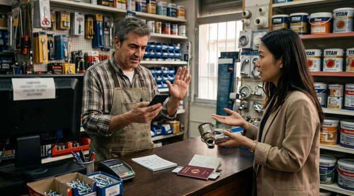 Comerciante atendiendo a un cliente extranjero en el mostrador de su tienda