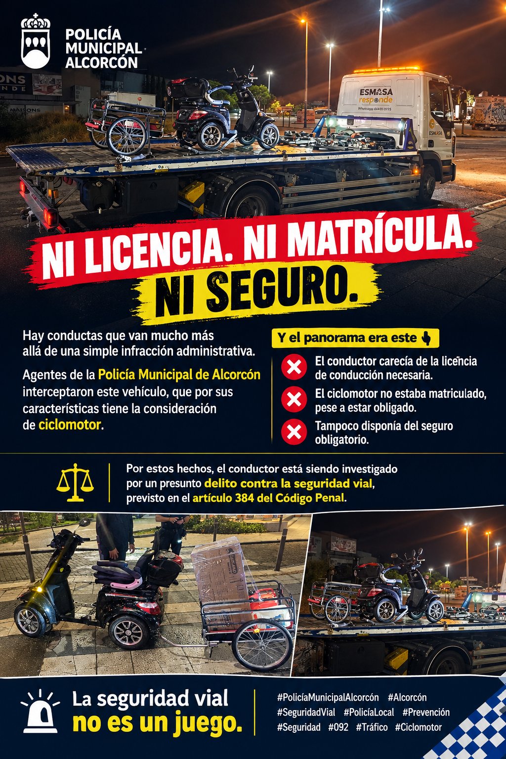 Sin licencia, sin matrícula y sin seguro: así circulaba este ciclomotor por Alcorcón